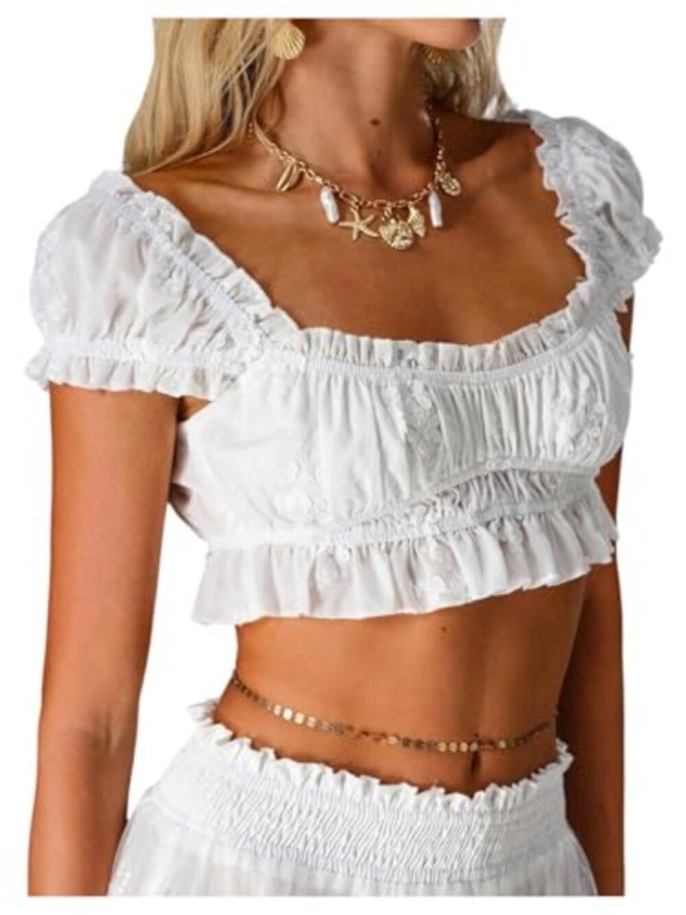 Floerns Women's Embroidery Puff Sleeve Cropped Top Going Out Frill Blouse